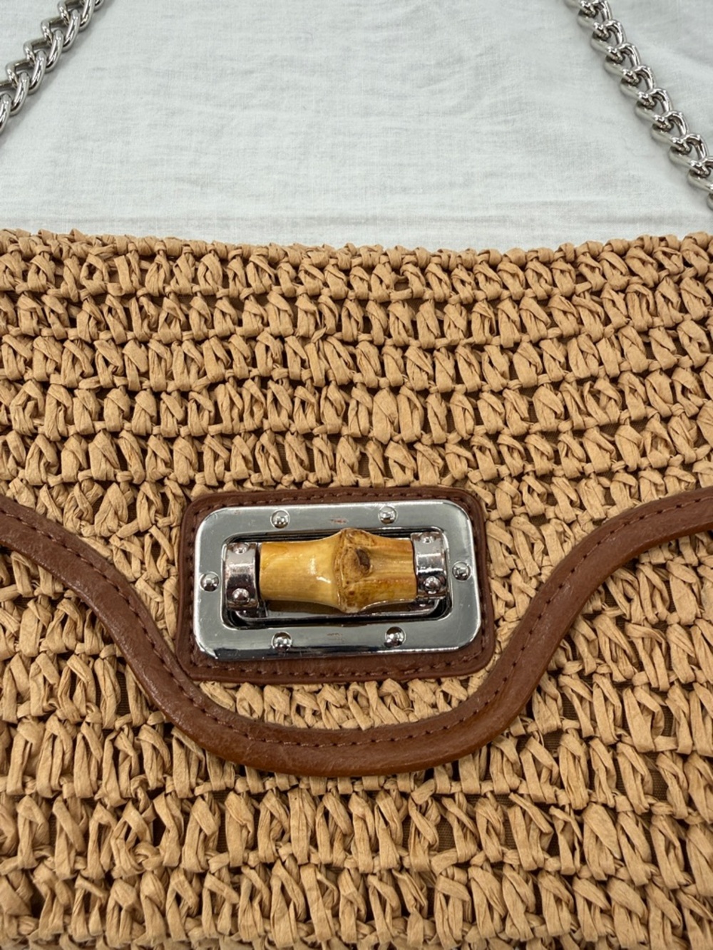 Straw Studios Bag Wm Woven Silver Chain Shoulder Purse Summer Preppy Boho - Picture 2 of 9